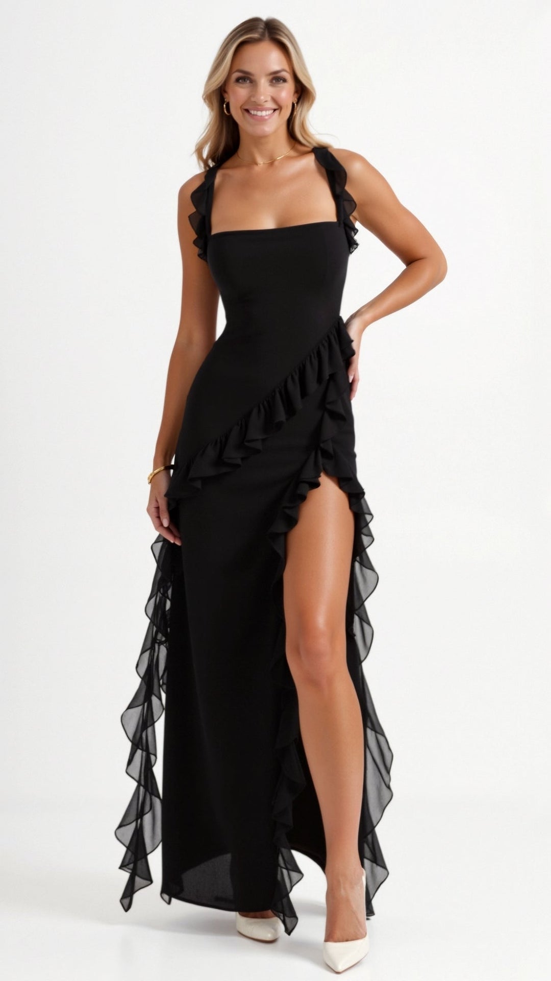 Elegancka Sukienka Maxi z Falbankami en Negro 1