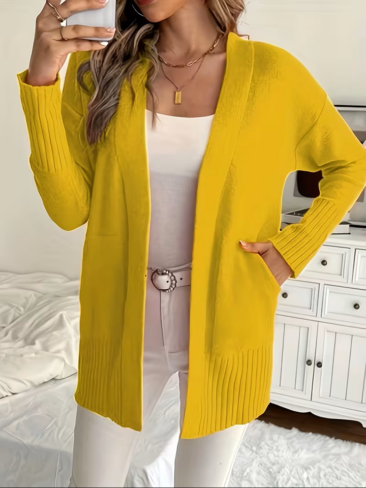 Elegante Cárdigan Drapeado de Punto en Amarillo