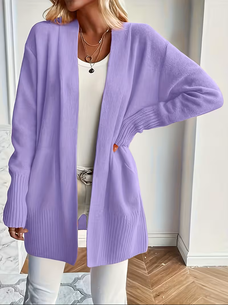 Elegante Cárdigan Drapeado de Punto en Morado
