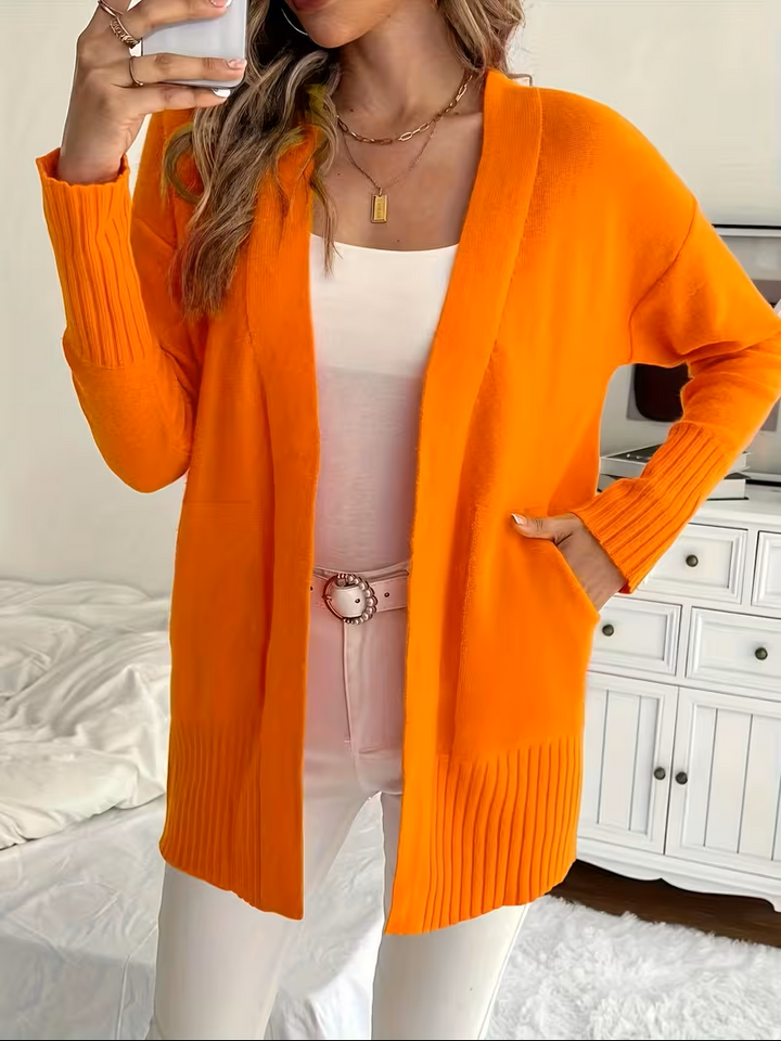 Elegante Cárdigan Drapeado de Punto en Naranja