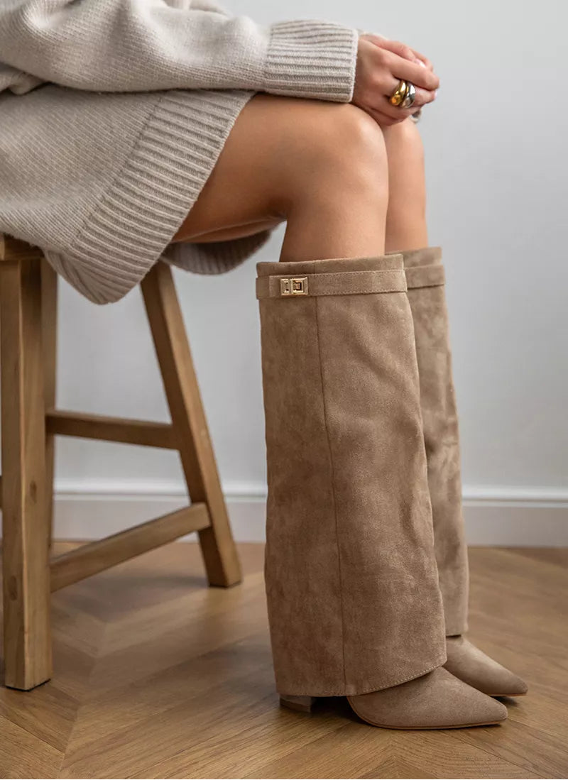 Elegante Damen Kniestiefel aus edlem Leder in Khaki
