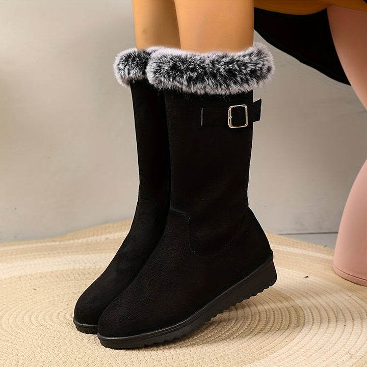 Elegante Damen Lederstiefel mit Fellbesatz für Winter (2)