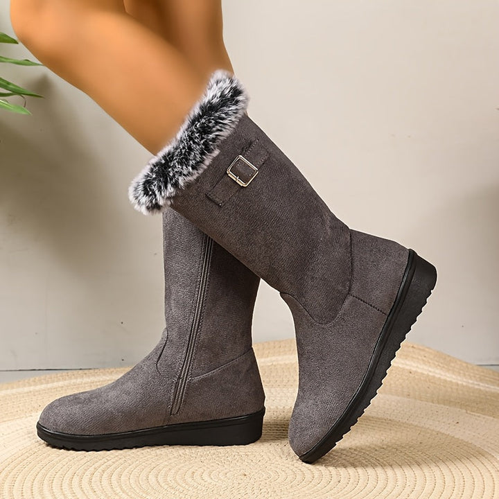 Elegante Damen Lederstiefel mit Fellbesatz für Winter (3)