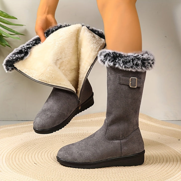 Elegante Damen Lederstiefel mit Fellbesatz für Winter in Grau