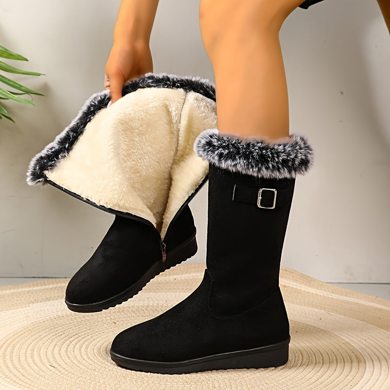Elegante Damen Lederstiefel mit Fellbesatz für Winter in Schwarz