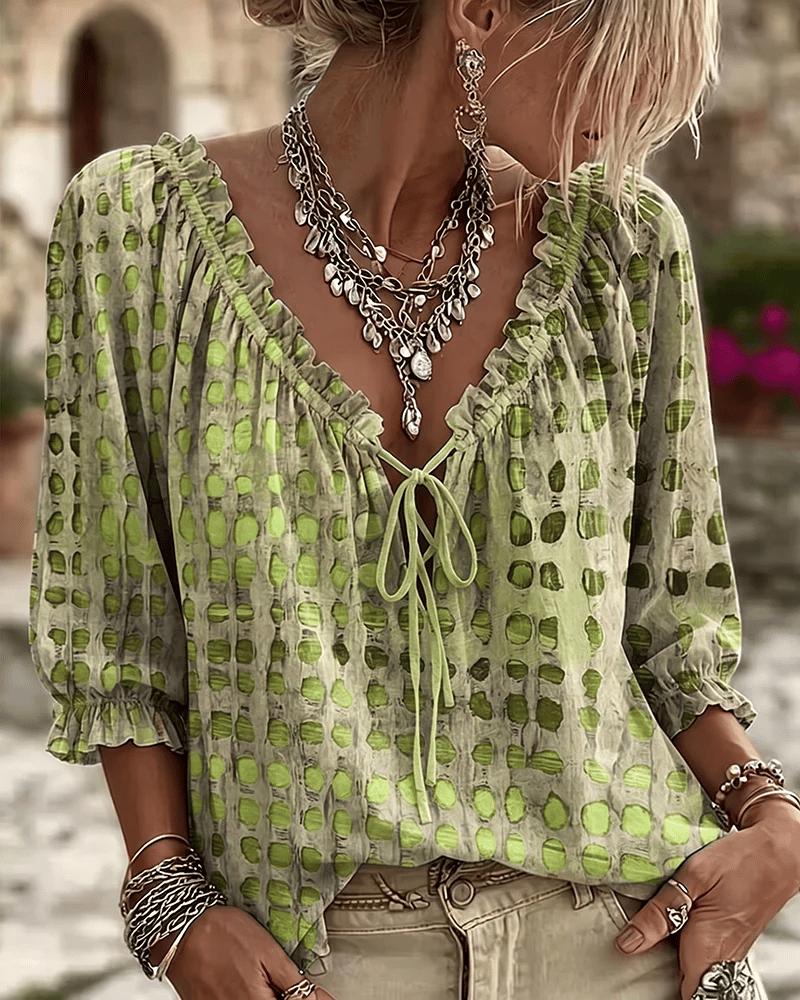 Elegante Damen Seidenbluse mit Puffärmeln in Grün