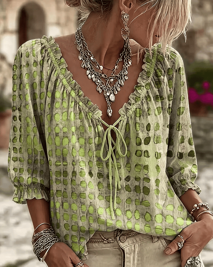 Elegante Damen Seidenbluse mit Puffärmeln in Grün