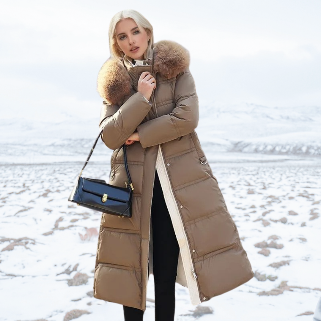 Elegante Damen Winterjacke Lang mit Stehkragen in Coffee With Beige Collar Lining