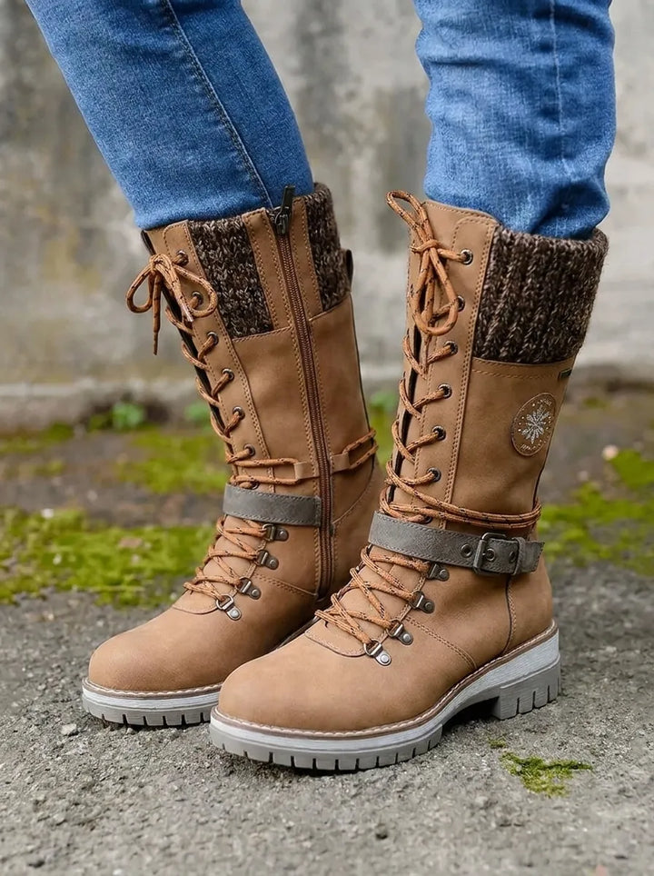 Elegante Damen Winterschuhe mit Schnürung Wadenlänge in Braun