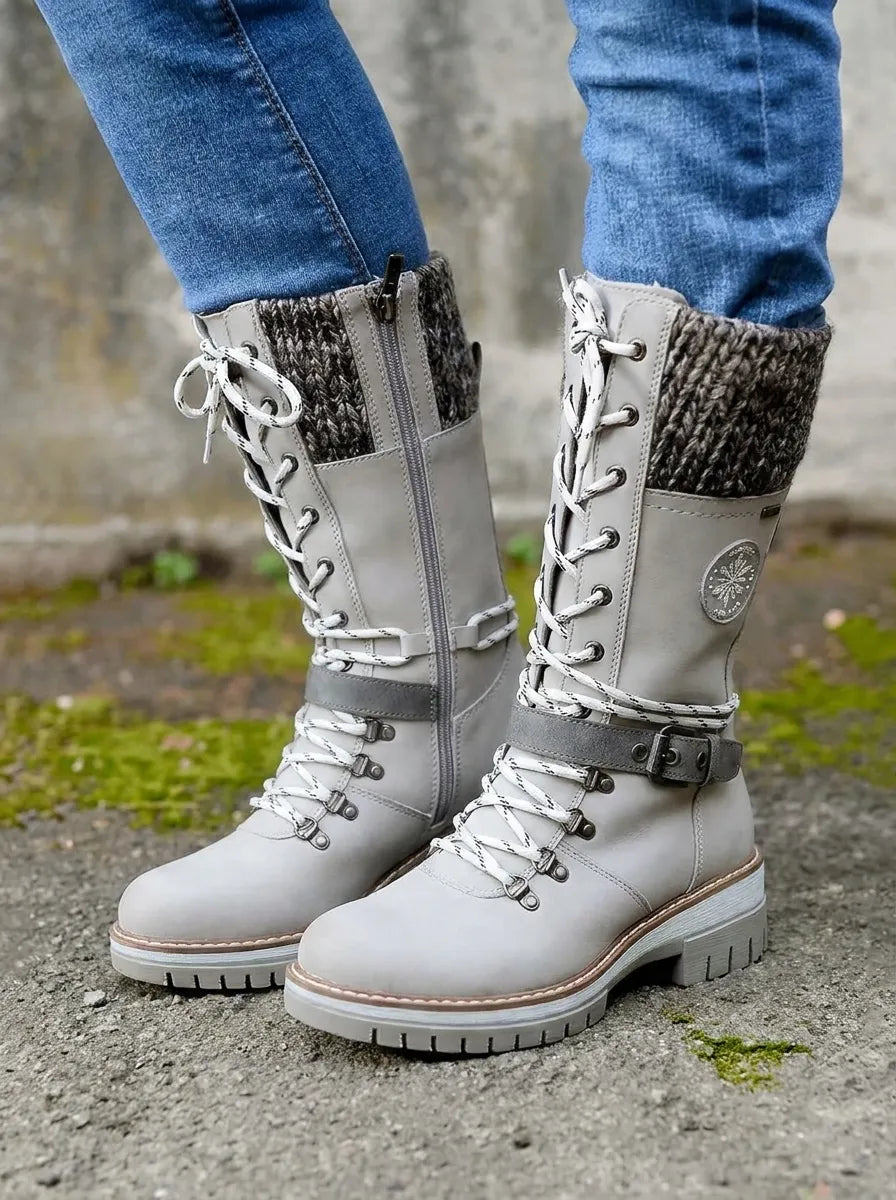 Elegante Damen Winterschuhe mit Schnürung Wadenlänge in Grau