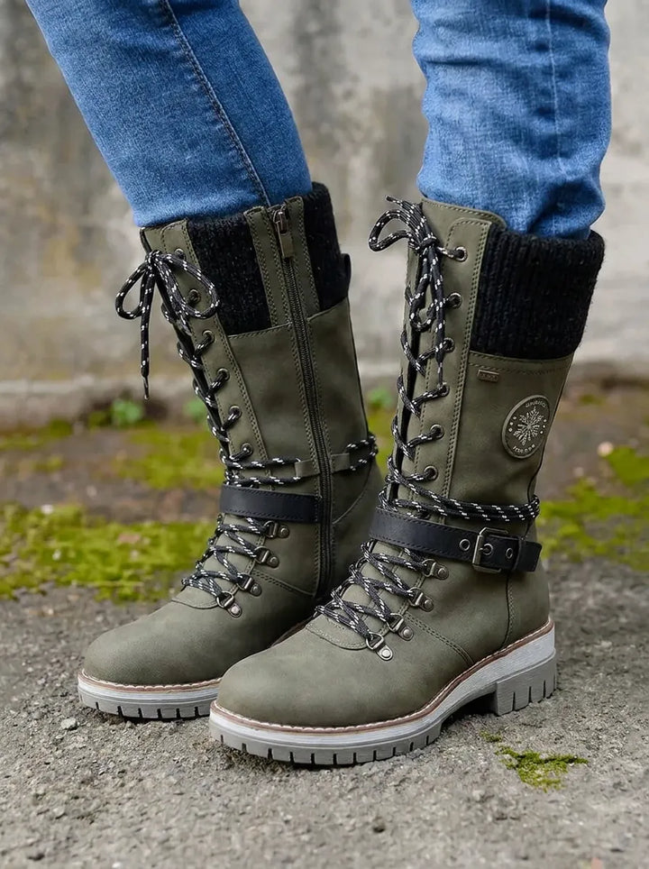 Elegante Damen Winterschuhe mit Schnürung Wadenlänge in Grün