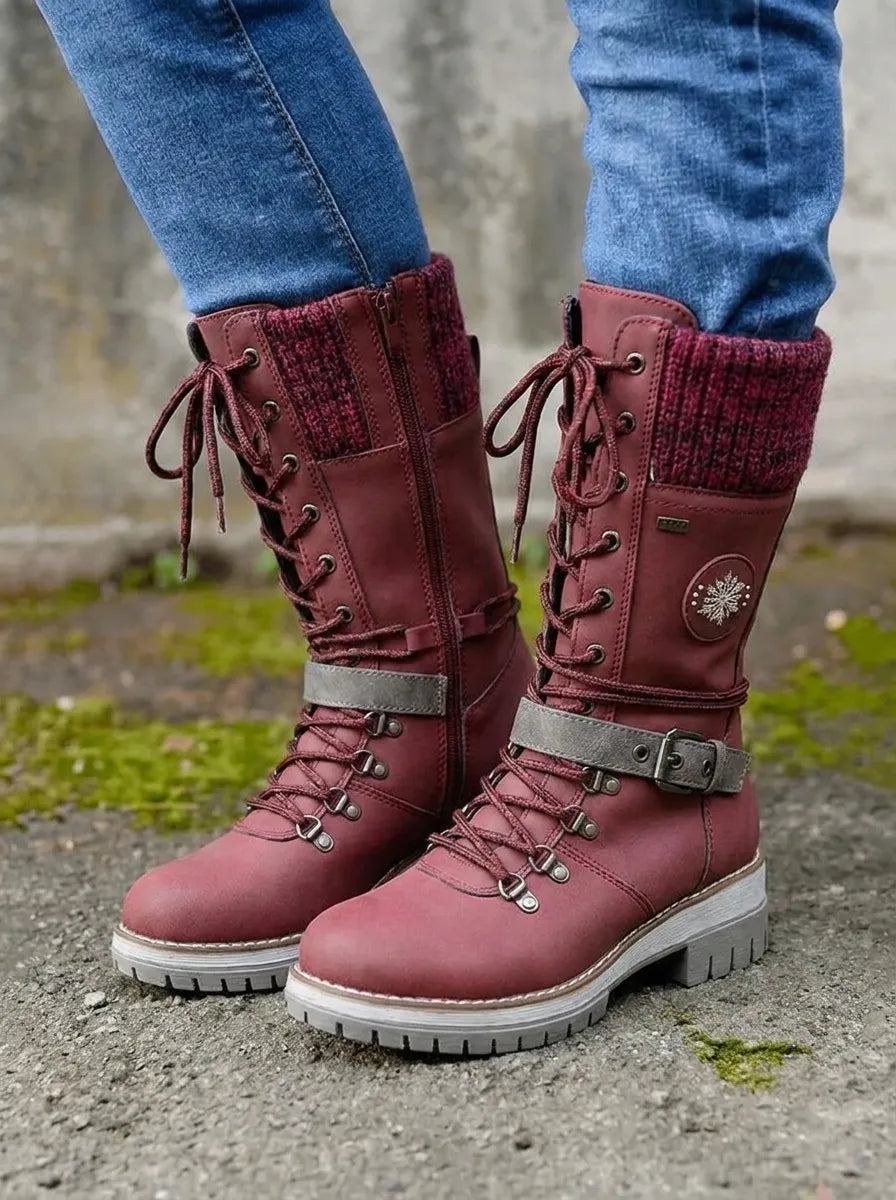Elegante Damen Winterschuhe mit Schnürung Wadenlänge in Rot