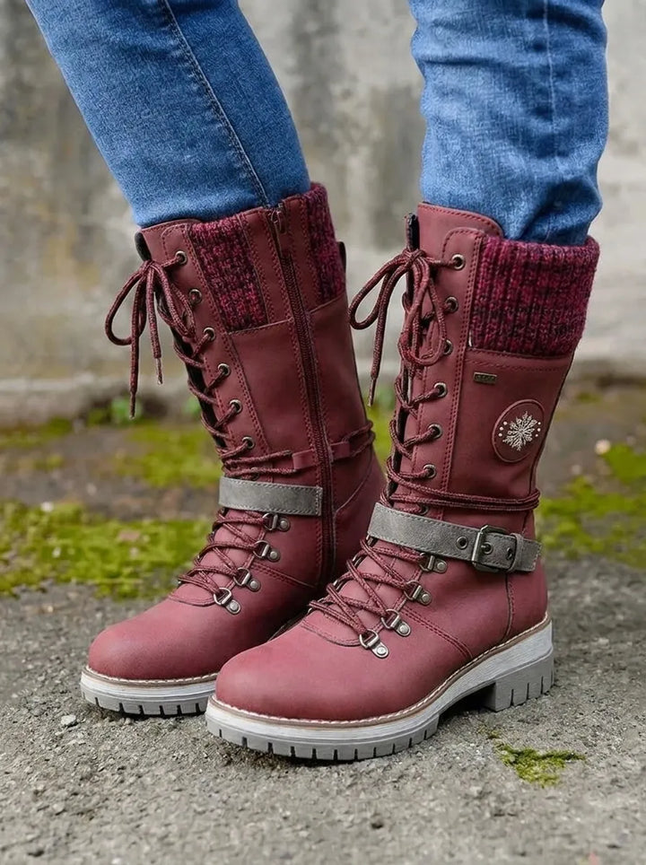Elegante Damen Winterschuhe mit Schnürung Wadenlänge in Rot