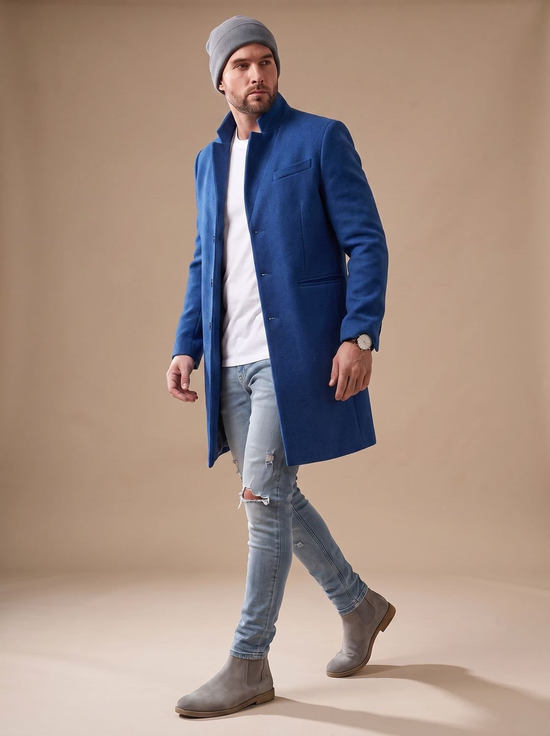 Elegante Herren Jacke Mittellang aus Wollmischung in Blau