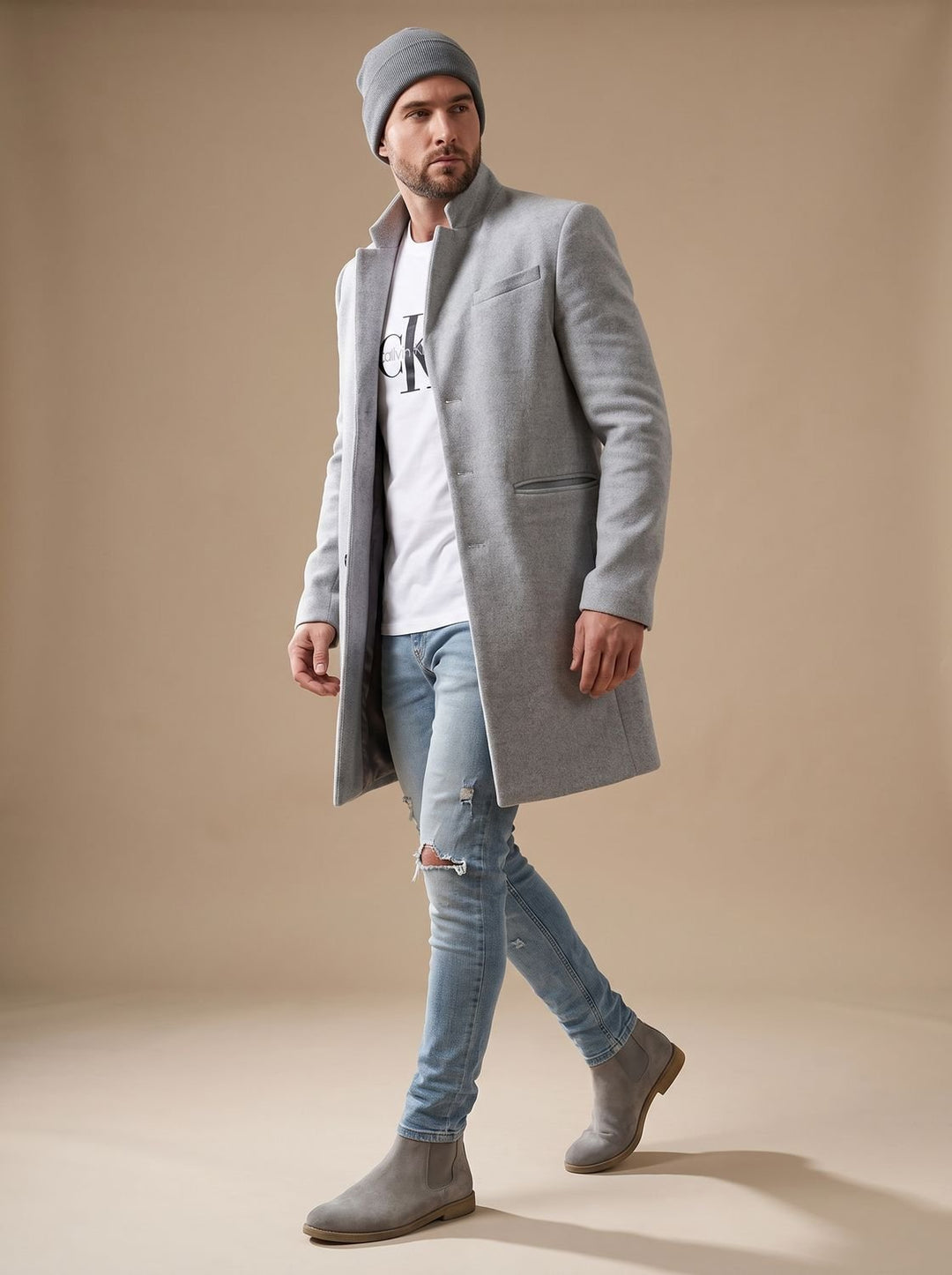 Elegante Herren Jacke Mittellang aus Wollmischung in Grau