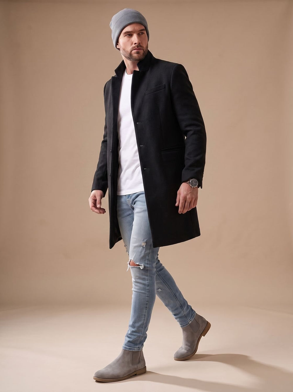 Elegante Herren Jacke Mittellang aus Wollmischung in Schwarz