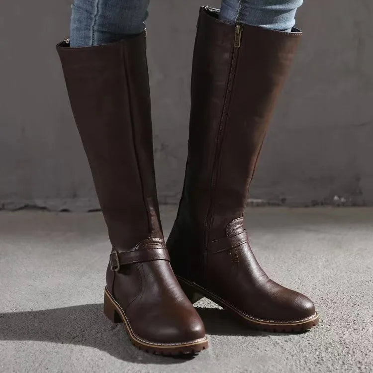 Elegante hohe Damen Lederstiefel für den Alltag in DarkBrown