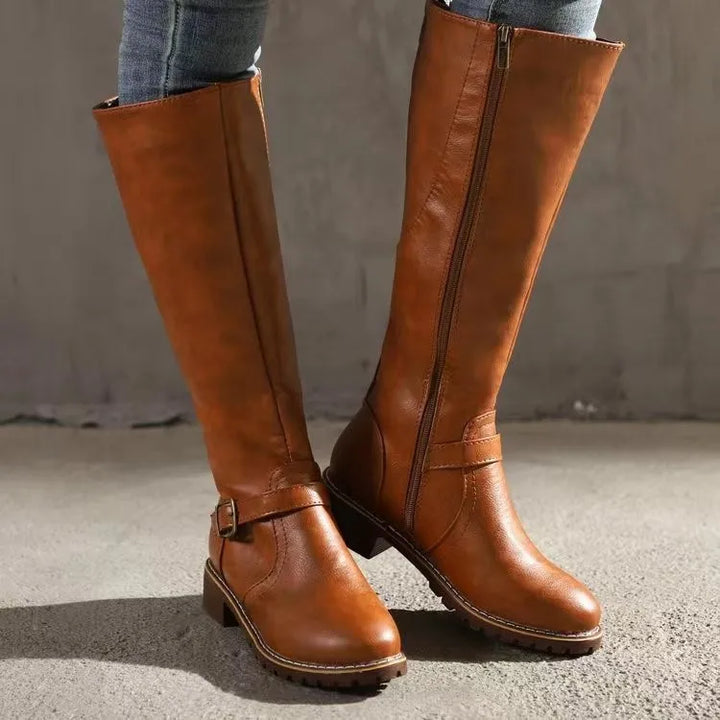 Elegante hohe Damen Lederstiefel für den Alltag in Hellbraun