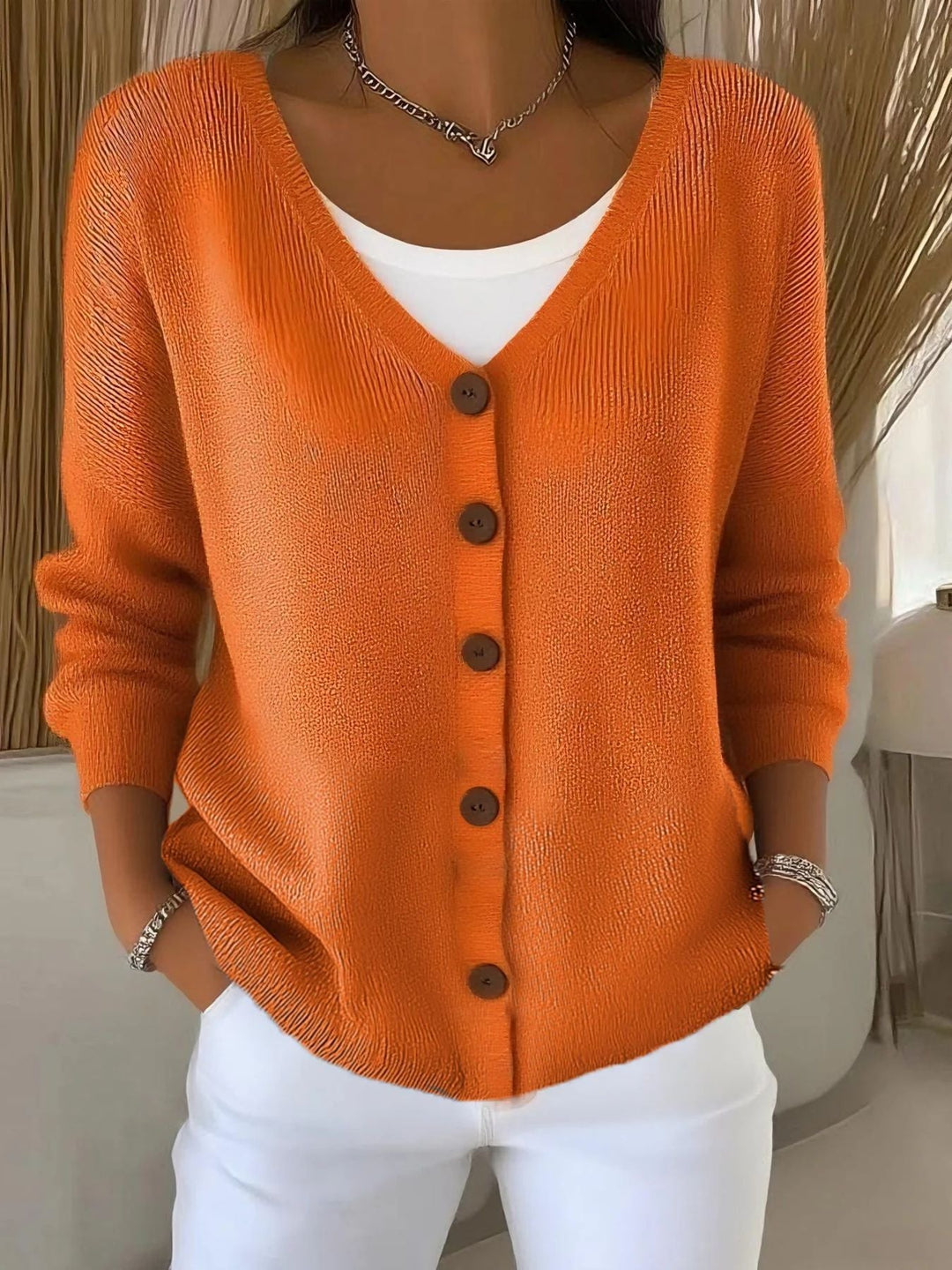 Elegante Pullover de Mujer con Botones en Naranja