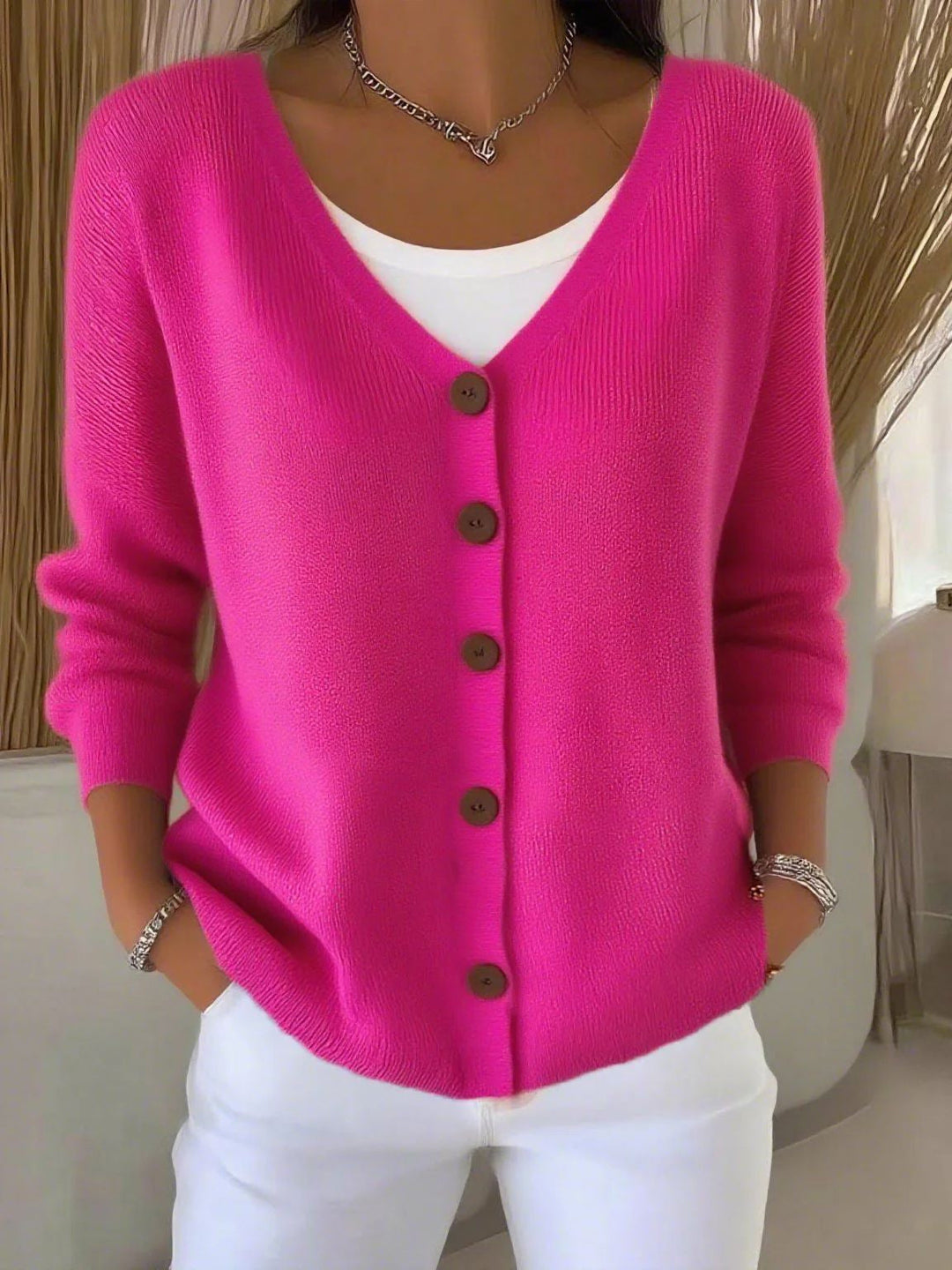 Elegante Pullover de Mujer con Botones en Rosa Rot