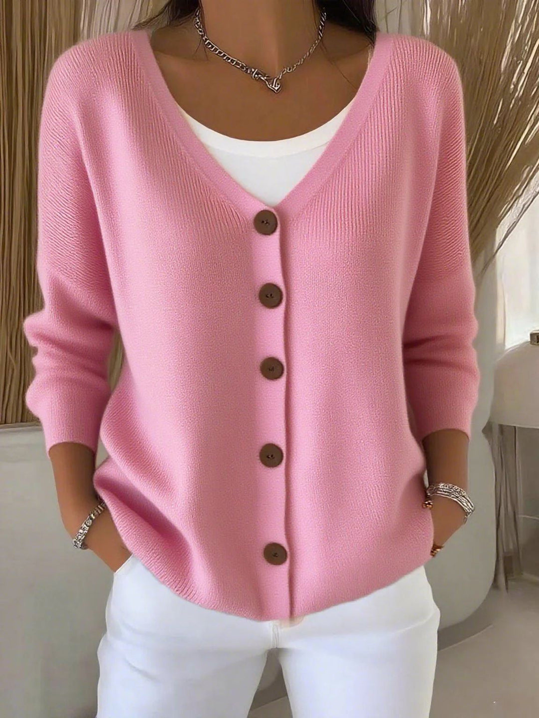 Elegante Pullover de Mujer con Botones en Rosa