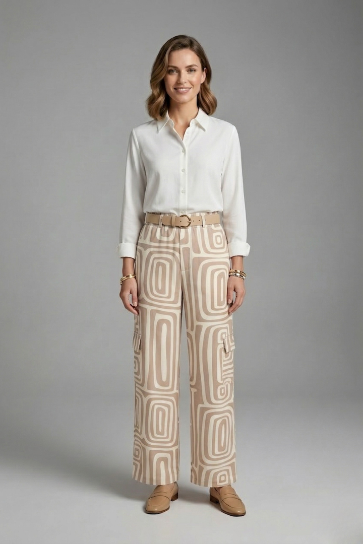 Elegante Seidenbluse Damen mit Hose Set in Beige