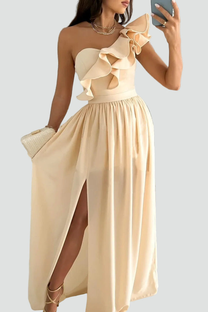 Elegante Vestido de Cóctel Maxi para Boda en Beige