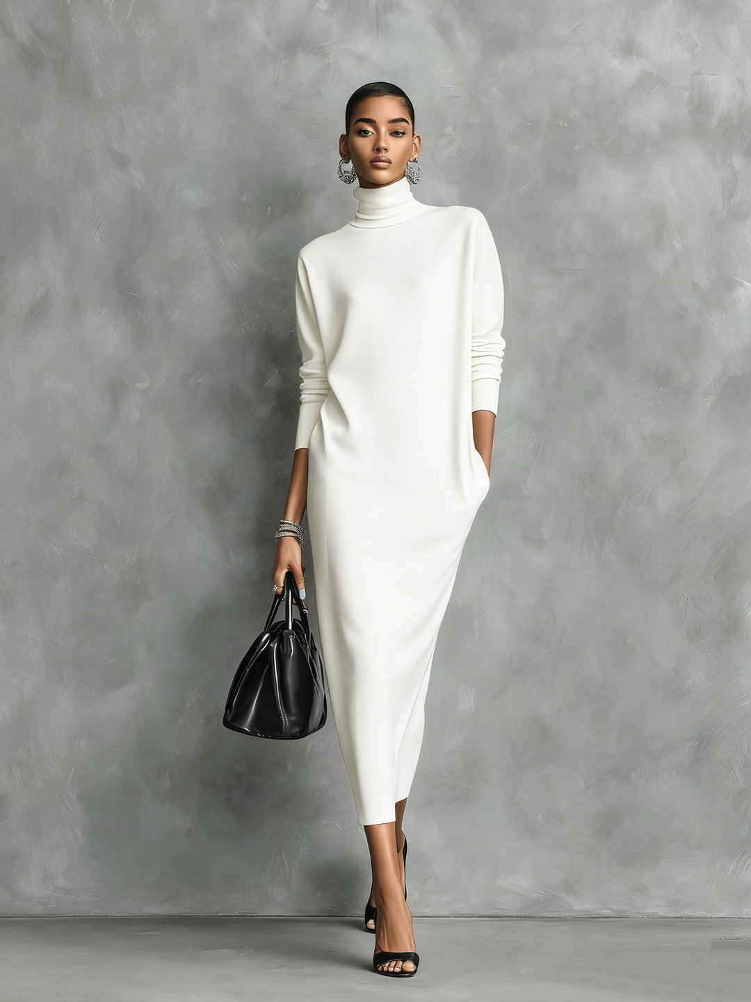 Elegante Vestido de Otoño Midi de Punto en Blanco