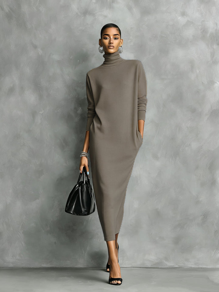 Elegante Vestido de Otoño Midi de Punto en Caqui