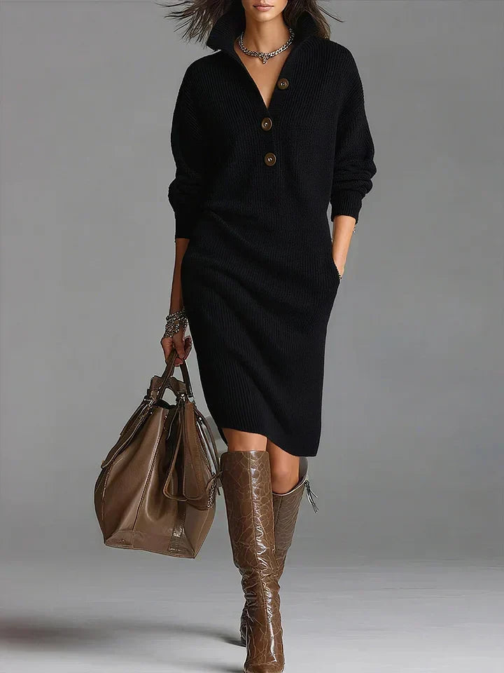 Elegante vestido otoño manga larga de punto en Negro