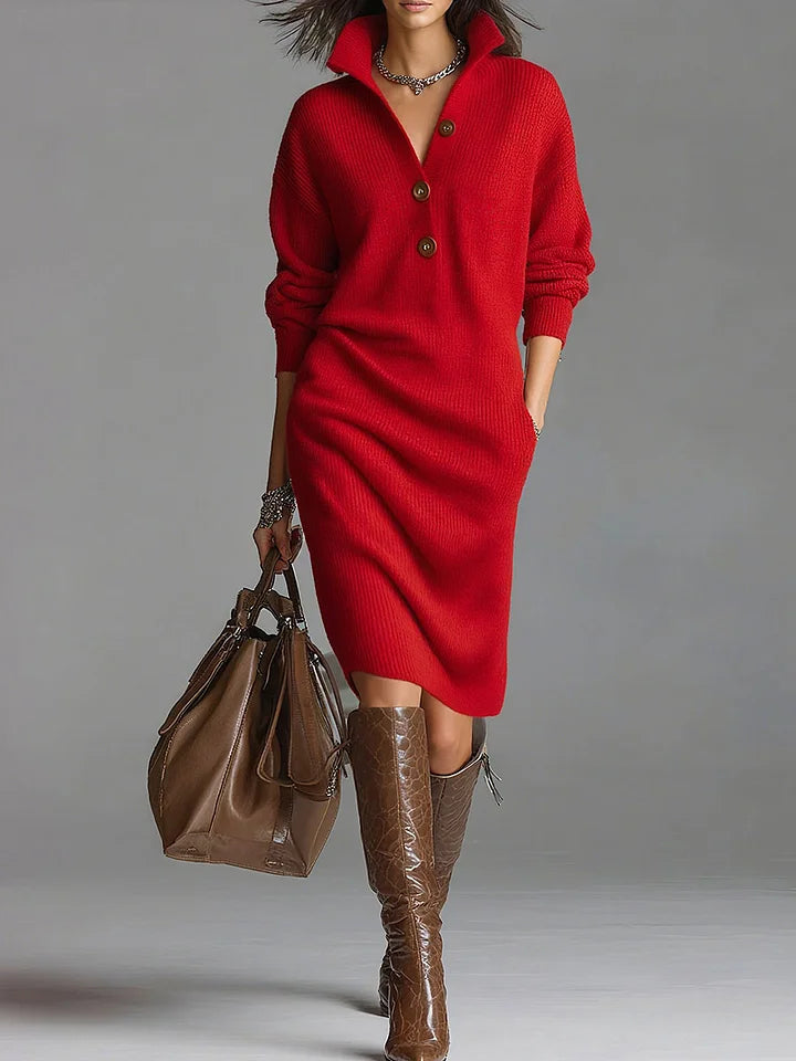 Elegante vestido otoño manga larga de punto en Rojo