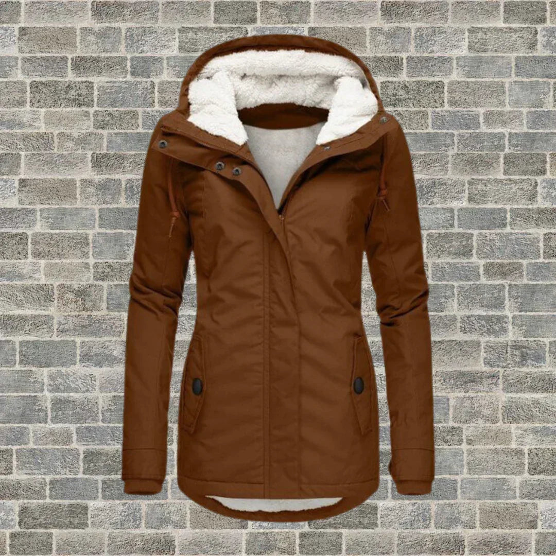 Eleganter Damen Wintermantel mit Kapuze in Brun