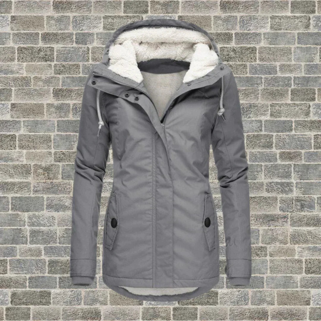 Eleganter Damen Wintermantel mit Kapuze in Grau