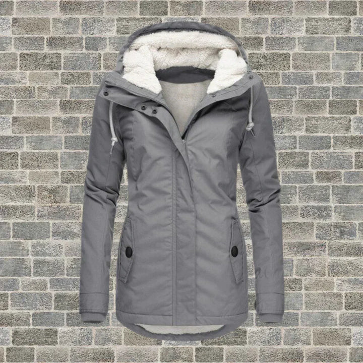 Eleganter Damen Wintermantel mit Kapuze in Grau