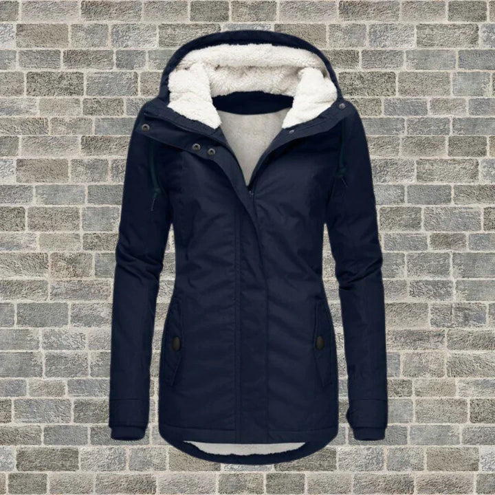 Eleganter Damen Wintermantel mit Kapuze in Marineblau