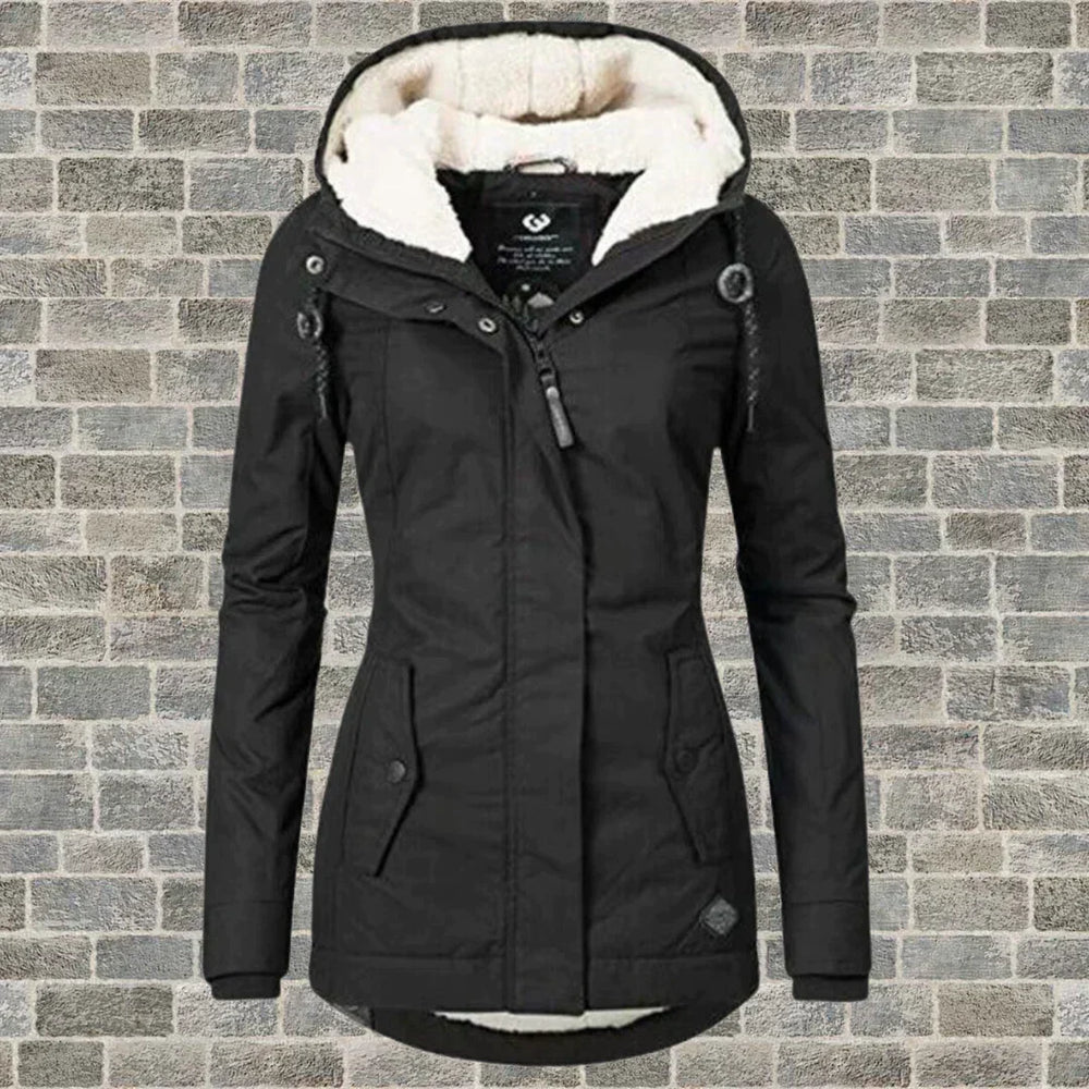 Eleganter Damen Wintermantel mit Kapuze in Sort