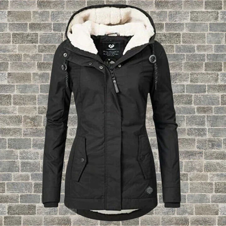 Eleganter Damen Wintermantel mit Kapuze in Sort