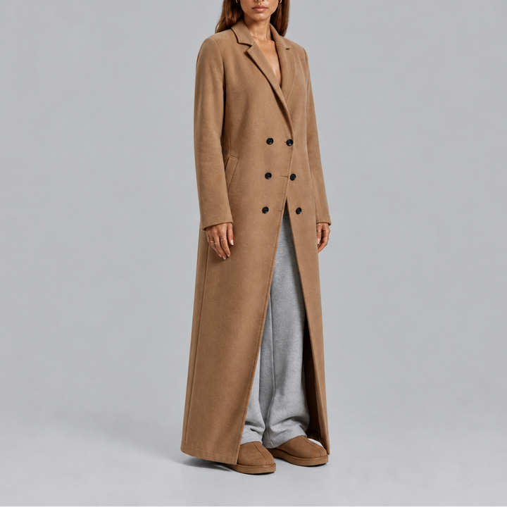 Eleganter Damen Wintermantel tailiert Maxilänge in Beige