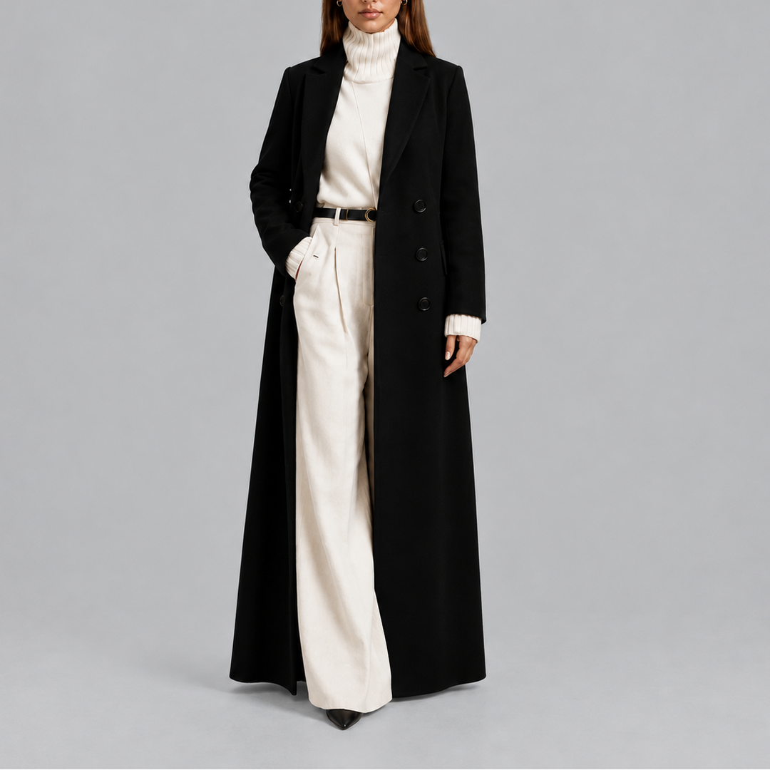 Eleganter Damen Wintermantel tailiert Maxilänge in Schwarz