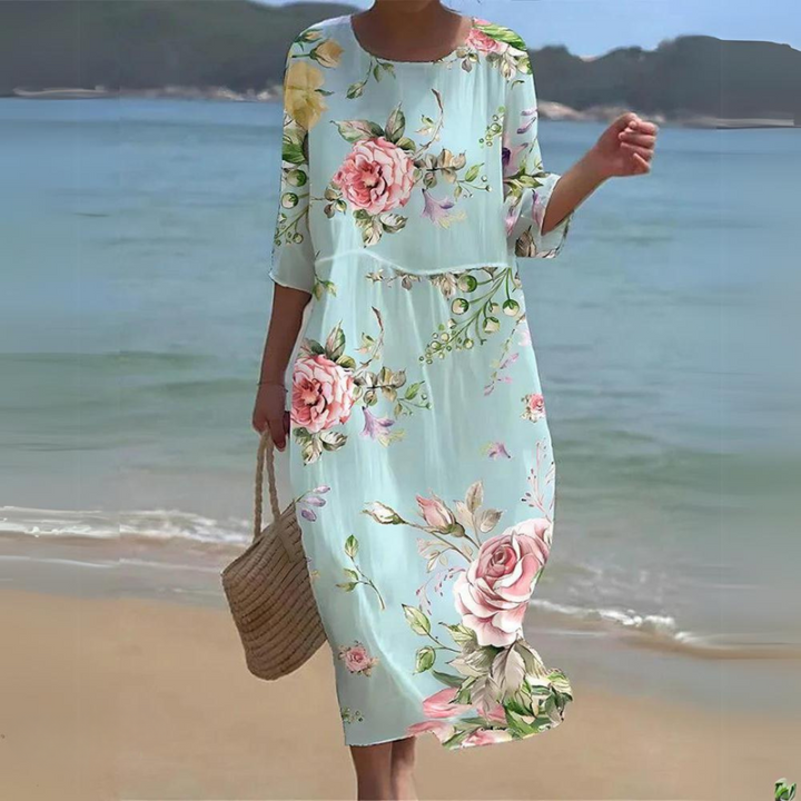 Elegantes Damen Strickkleid Für Sommer in Light Blue/Roses