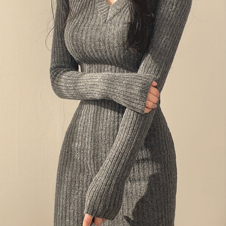 Elegantes Damen Strickkleid in Rippstruktur in Grau