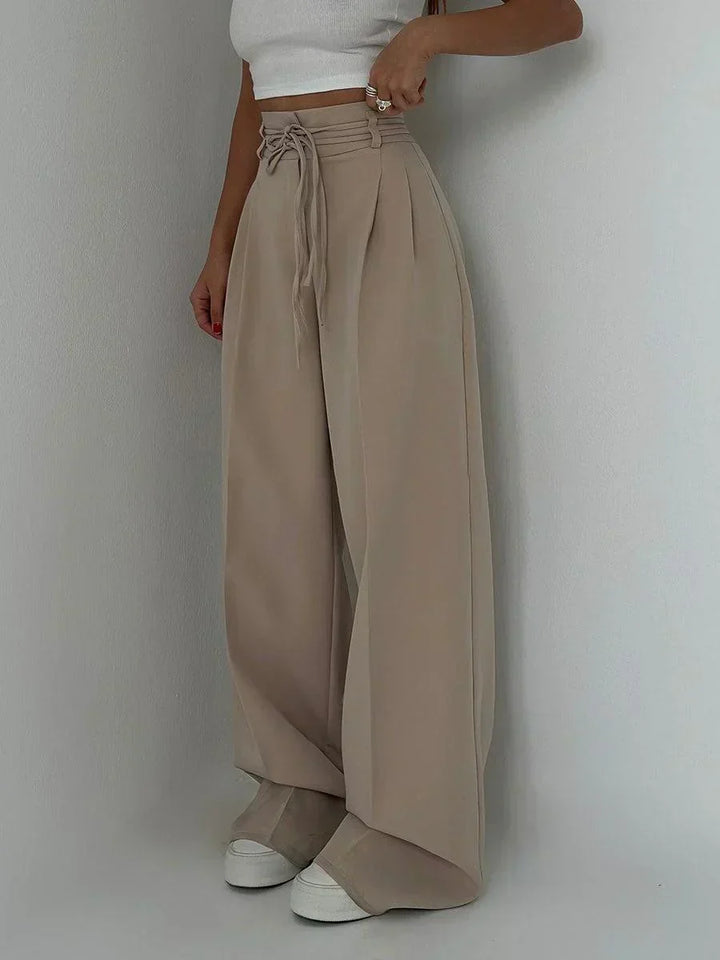 Elegantes Pantalones Anchos de Cintura Alta en Beige