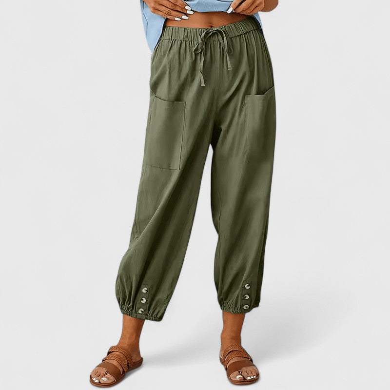 Elegantes pantalones de lino en Armeegrün