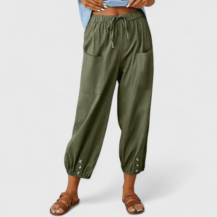 Elegantes pantalones de lino en Armeegrün