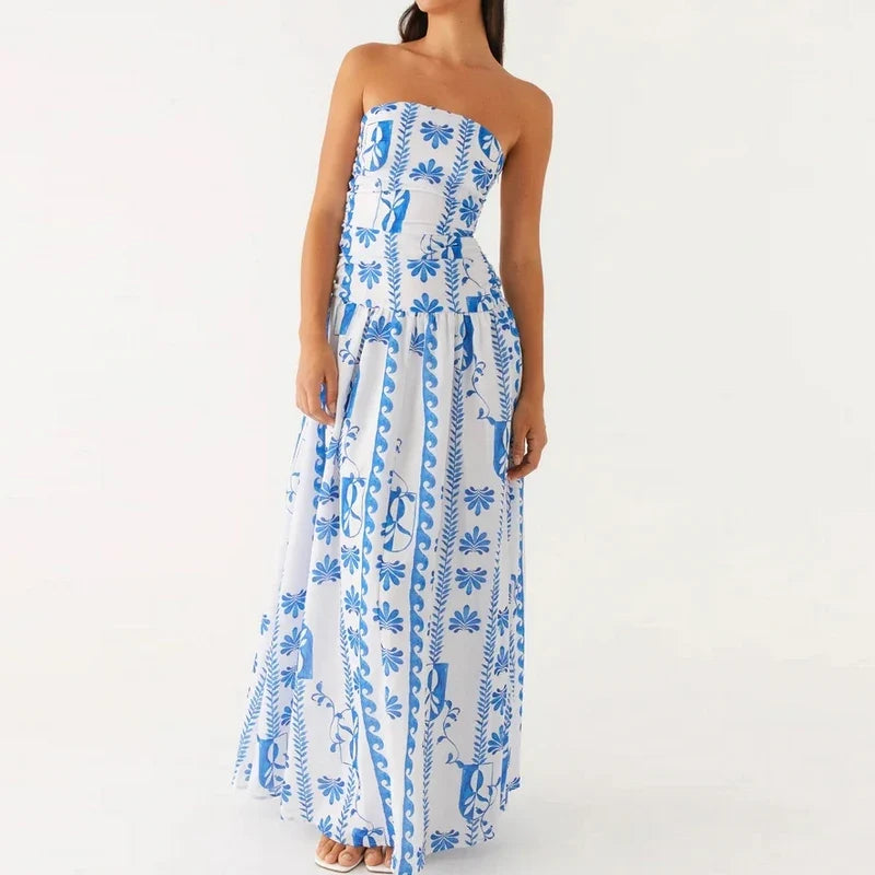 Festliches Damen Strickkleid in Maxilänge in Blue Floral