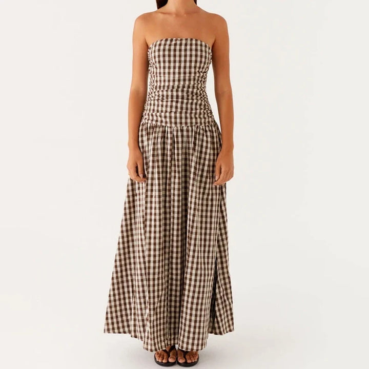 Festliches Damen Strickkleid in Maxilänge in Brown Checkered