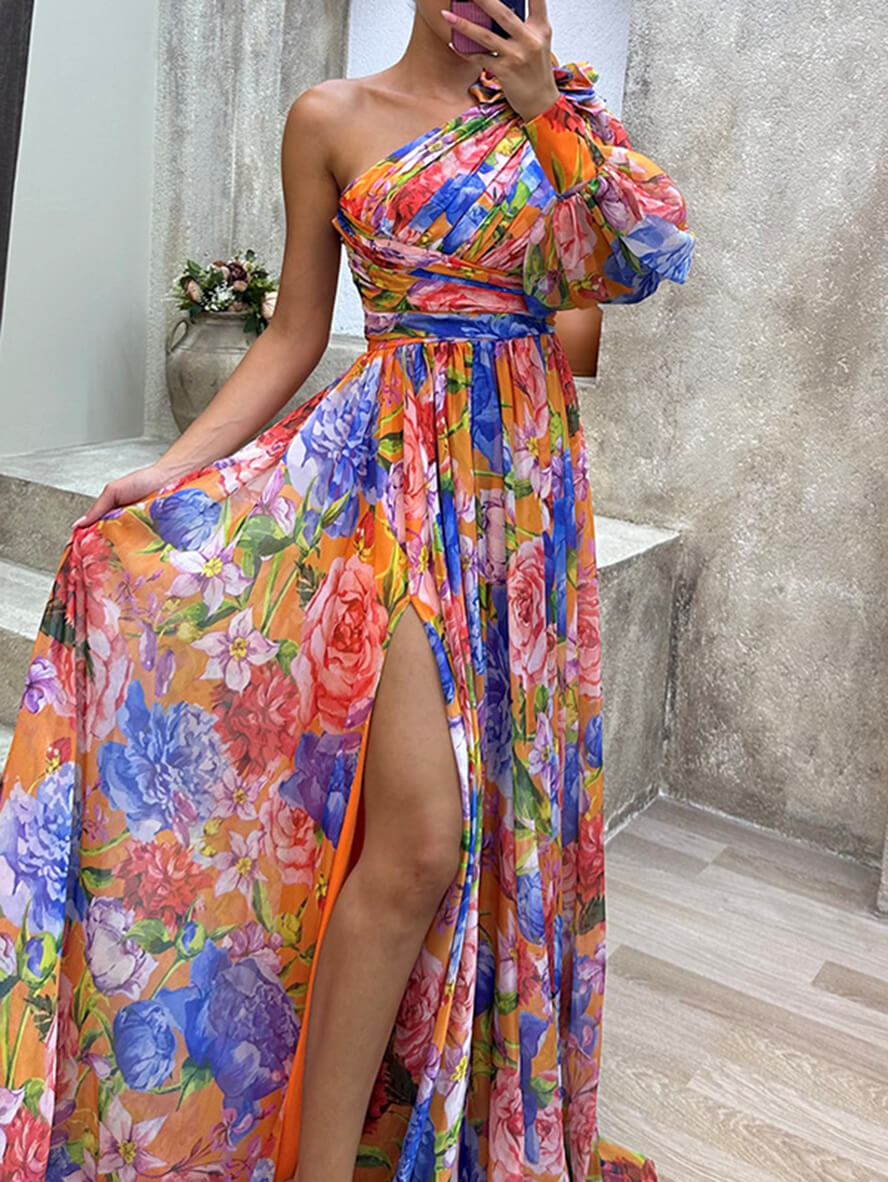 Floral Vestido Maxi de Invitada a Boda en Naranja