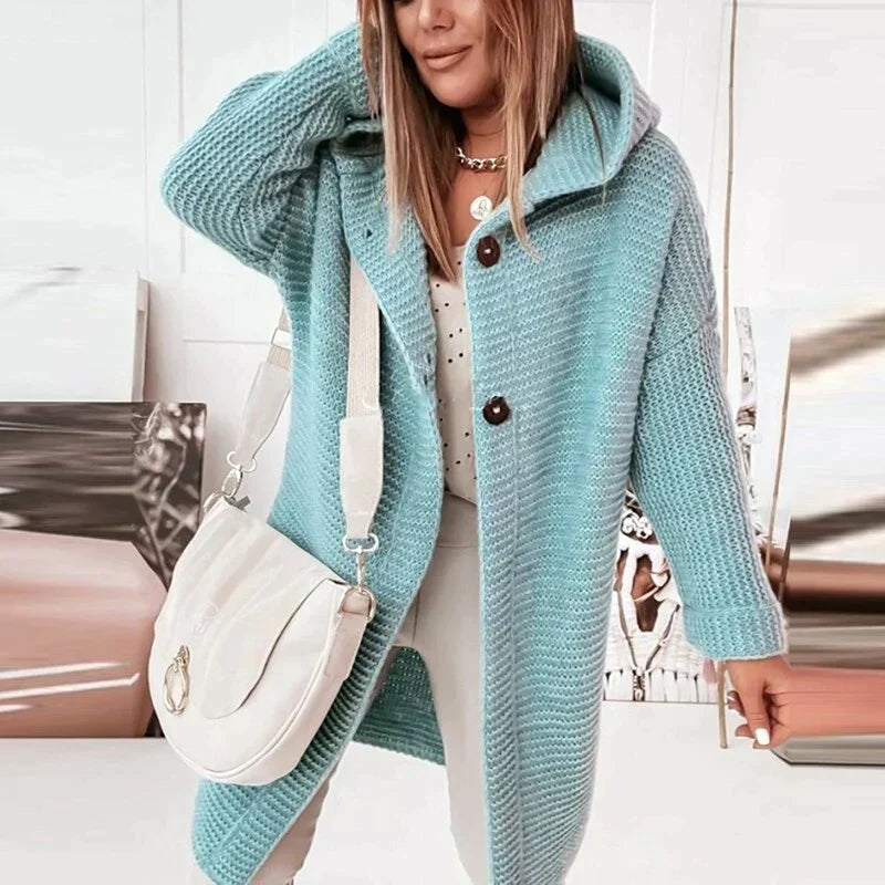 Gemütliche Damen Cardigan mit Kapuze Langform in Blau