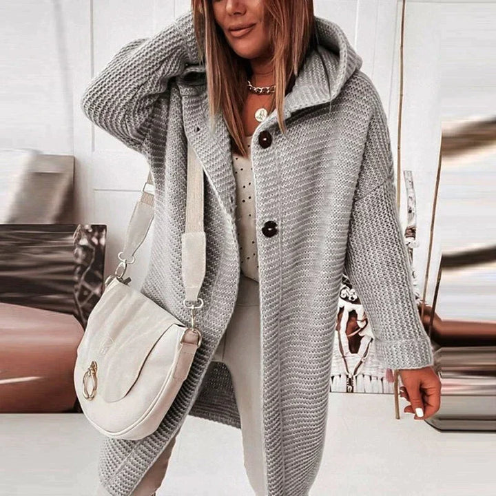 Gemütliche Damen Cardigan mit Kapuze Langform in Grau