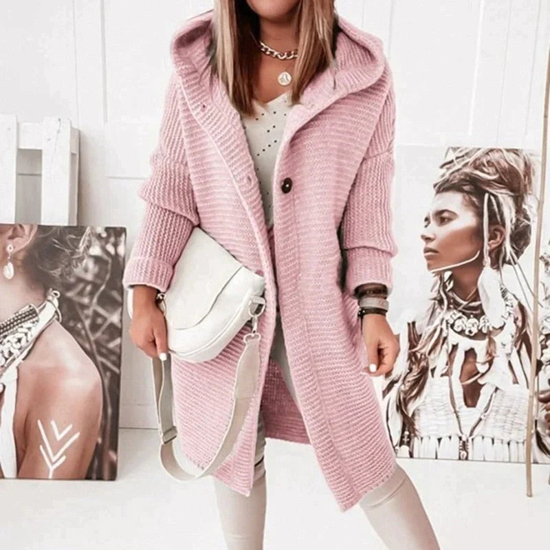 Gemütliche Damen Cardigan mit Kapuze Langform in Rosa 1